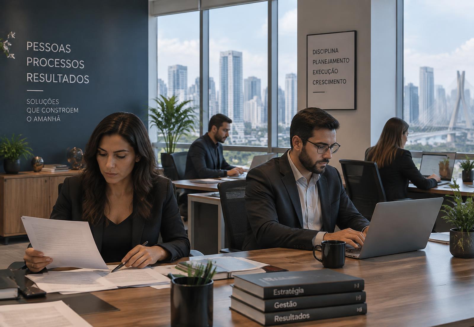 Equipe administrativa trabalhando em escritório corporativo em São Paulo